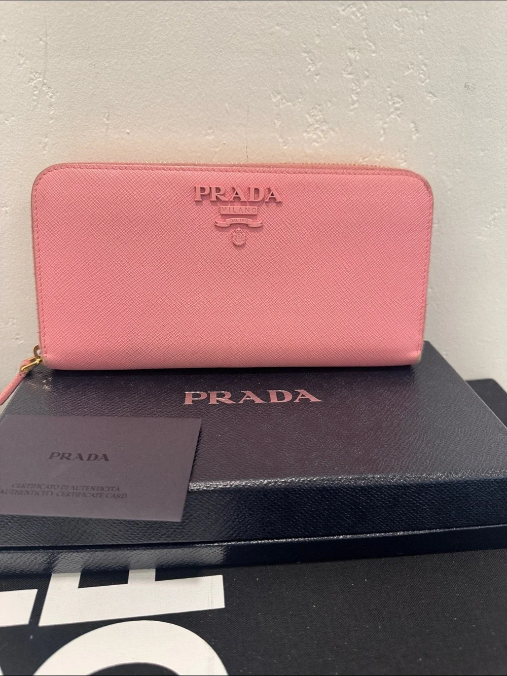 Prada Pink Saffiano Zip Wallet with Gold Hardware